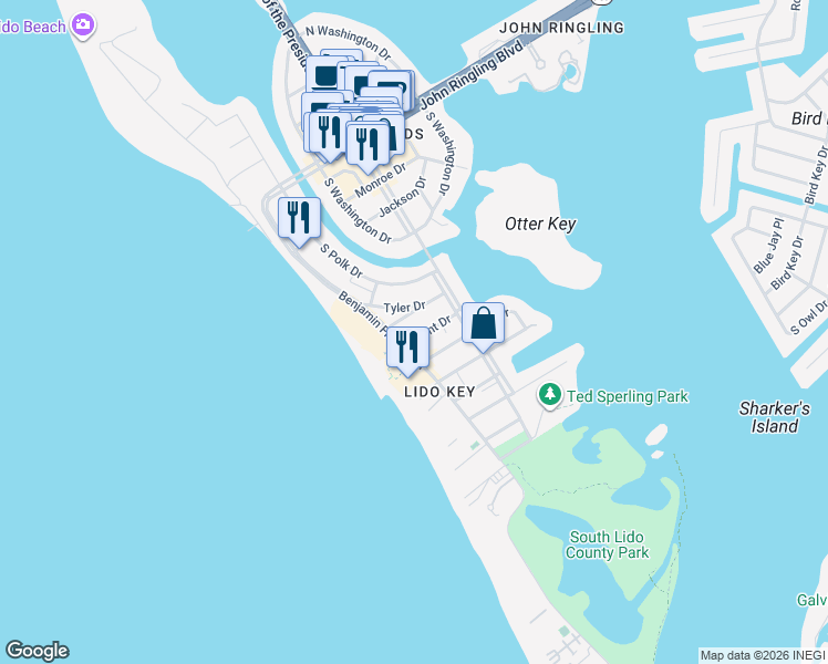 map of restaurants, bars, coffee shops, grocery stores, and more near 129 Grant Drive in Sarasota