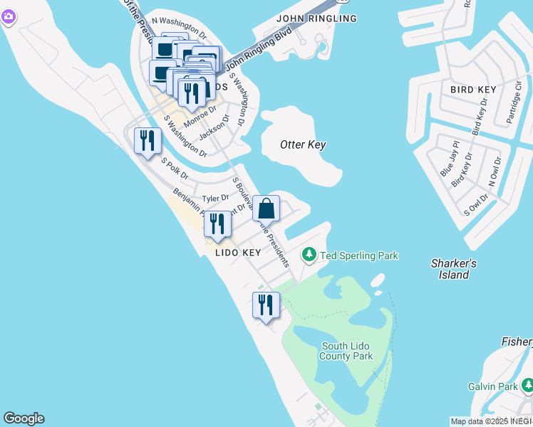 map of restaurants, bars, coffee shops, grocery stores, and more near 422 Garfield Drive in Sarasota