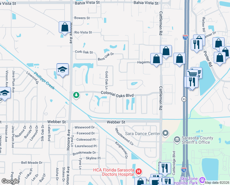 map of restaurants, bars, coffee shops, grocery stores, and more near 5591 Colonial Oaks Boulevard in Sarasota