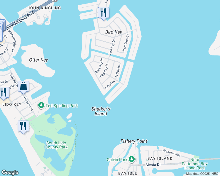 map of restaurants, bars, coffee shops, grocery stores, and more near 634 South Owl Drive in Sarasota