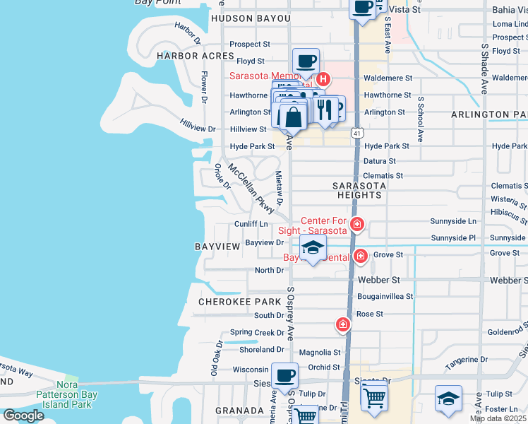 map of restaurants, bars, coffee shops, grocery stores, and more near 2323 Okobee Drive in Sarasota