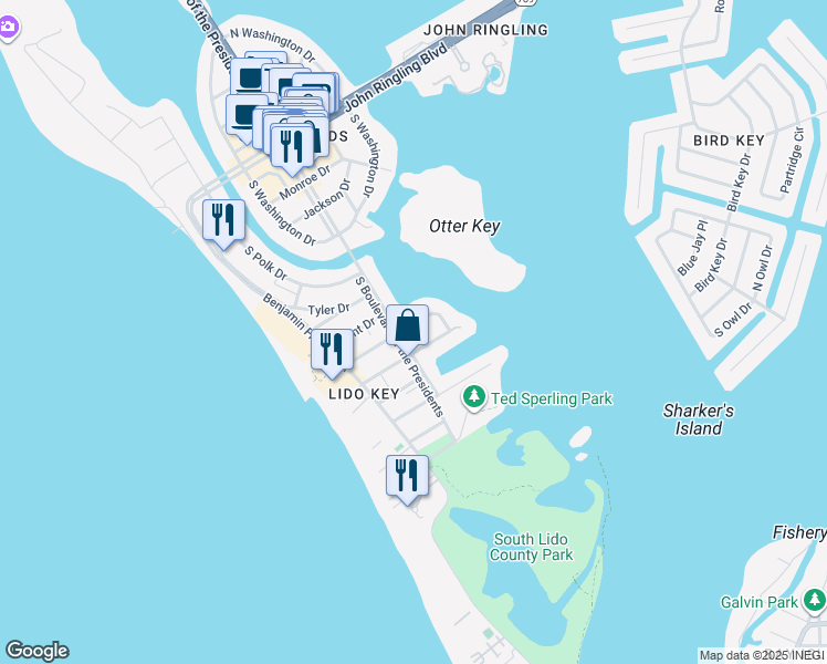 map of restaurants, bars, coffee shops, grocery stores, and more near 422 Garfield Drive in Sarasota