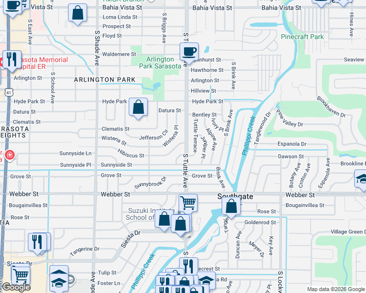 map of restaurants, bars, coffee shops, grocery stores, and more near 2729 Hibiscus Street in Sarasota