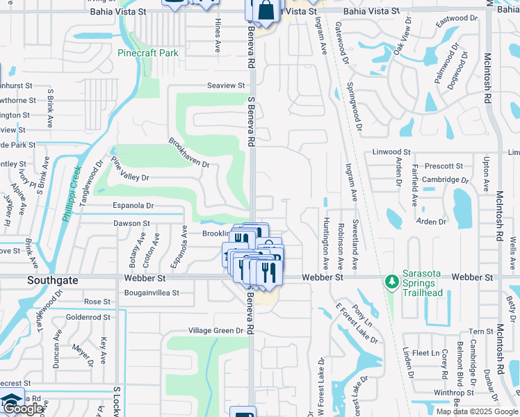 map of restaurants, bars, coffee shops, grocery stores, and more near 2351 Beneva Terrace in Sarasota