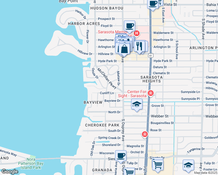 map of restaurants, bars, coffee shops, grocery stores, and more near 2323 Okobee Drive in Sarasota