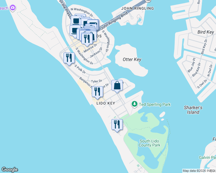 map of restaurants, bars, coffee shops, grocery stores, and more near 240 Grant Drive in Sarasota