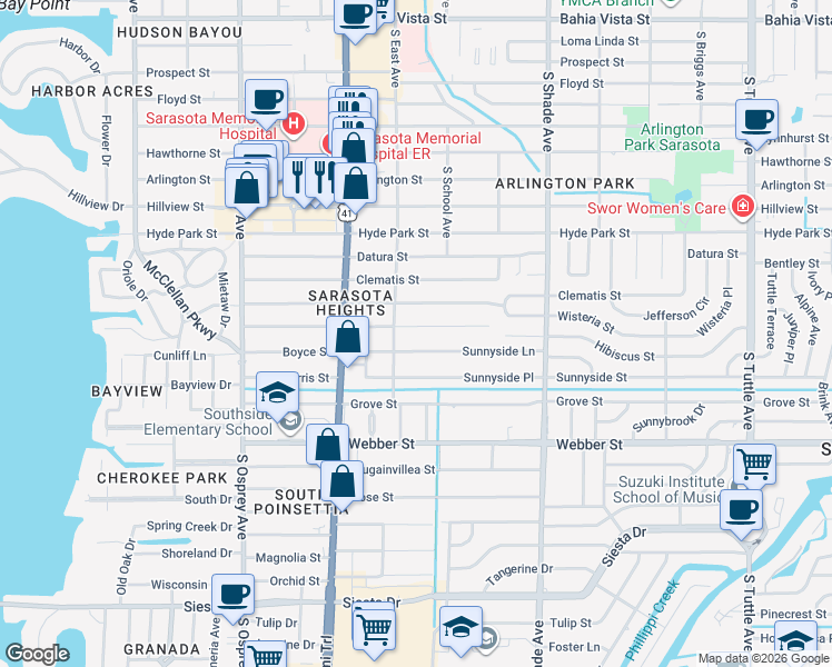 map of restaurants, bars, coffee shops, grocery stores, and more near 2136 Hibiscus Street in Sarasota
