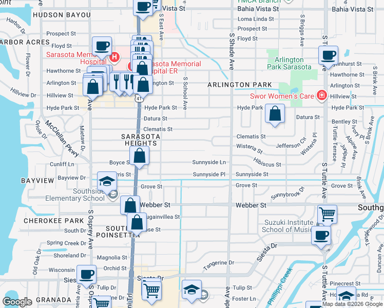 map of restaurants, bars, coffee shops, grocery stores, and more near 2216 Hibiscus Street in Sarasota