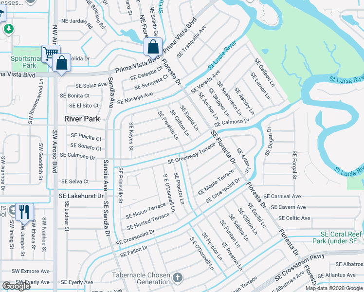 map of restaurants, bars, coffee shops, grocery stores, and more near 701 Southeast Preston Lane in Port Saint Lucie