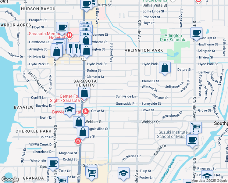 map of restaurants, bars, coffee shops, grocery stores, and more near 2216 Hibiscus Street in Sarasota