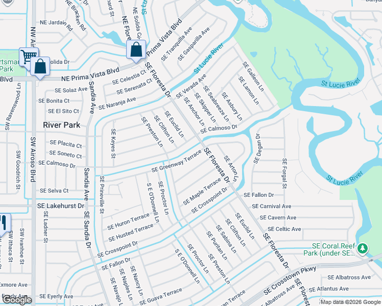 map of restaurants, bars, coffee shops, grocery stores, and more near 559 Southeast Greenway Terrace in Port St. Lucie