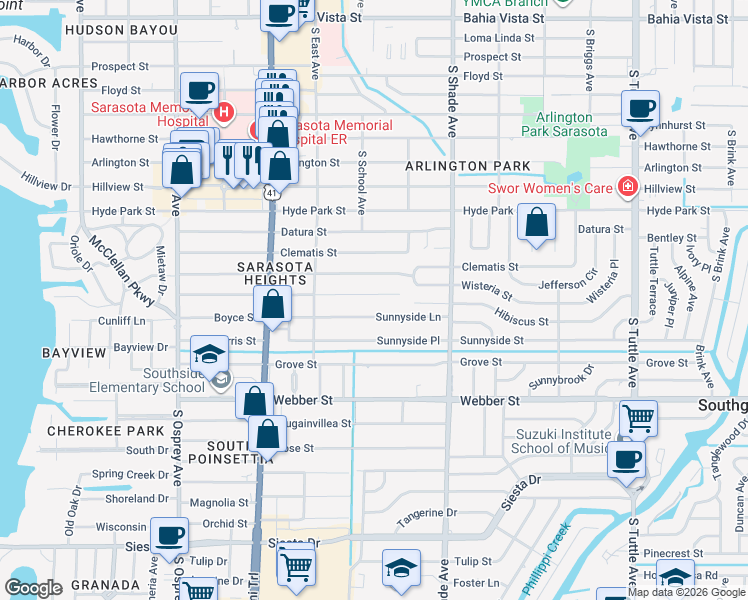map of restaurants, bars, coffee shops, grocery stores, and more near 2216 Hibiscus Street in Sarasota