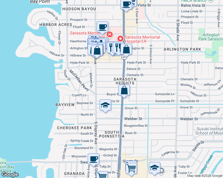 map of restaurants, bars, coffee shops, grocery stores, and more near 1912 Hibiscus Street in Sarasota