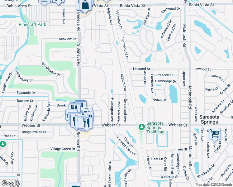 map of restaurants, bars, coffee shops, grocery stores, and more near 3807 Hibiscus Street in Sarasota
