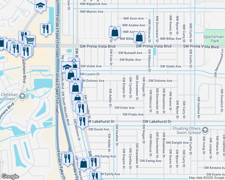 map of restaurants, bars, coffee shops, grocery stores, and more near 652 Southwest Addie Street in Port St. Lucie
