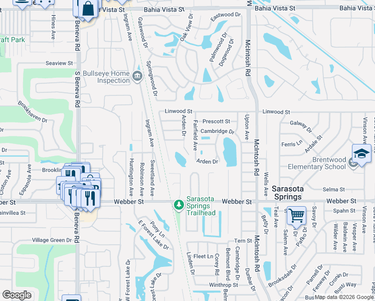 map of restaurants, bars, coffee shops, grocery stores, and more near 2341 Arden Drive in Sarasota