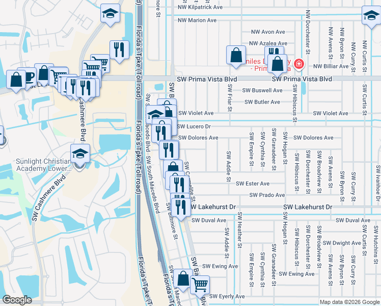 map of restaurants, bars, coffee shops, grocery stores, and more near 700 Southwest Carmelite Street in Port St. Lucie