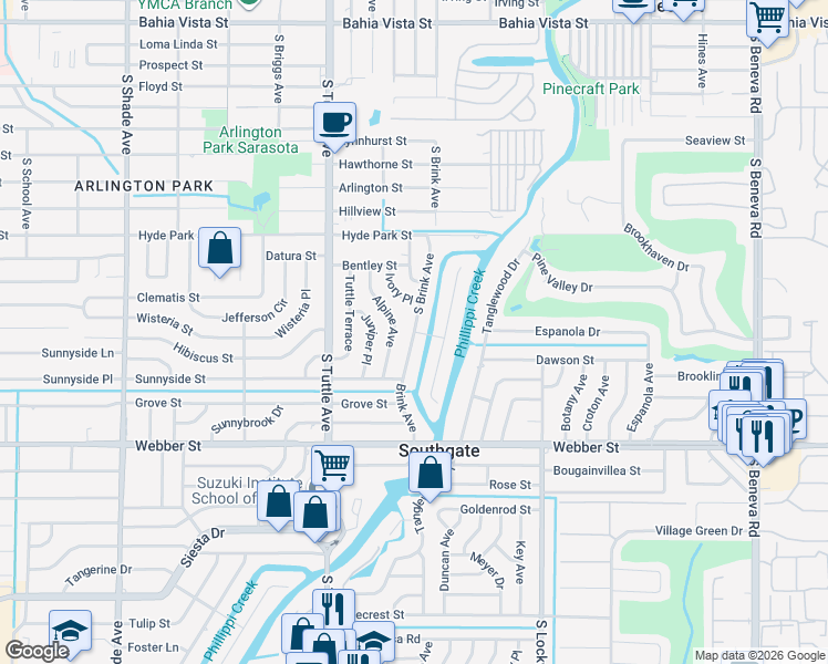 map of restaurants, bars, coffee shops, grocery stores, and more near 2729 South Brink Avenue in Sarasota