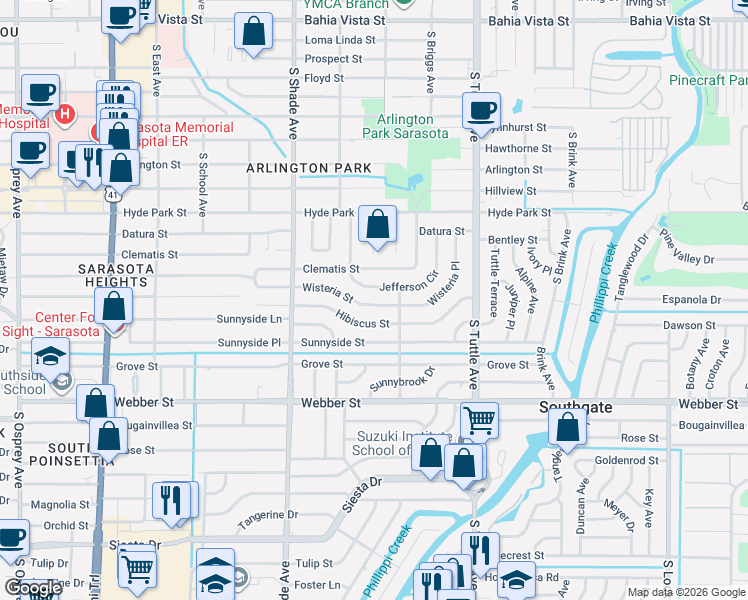 map of restaurants, bars, coffee shops, grocery stores, and more near 2557 Wisteria Street in Sarasota