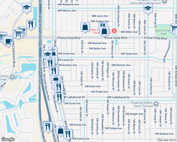 map of restaurants, bars, coffee shops, grocery stores, and more near 691 Southwest Heather Street in Port St. Lucie