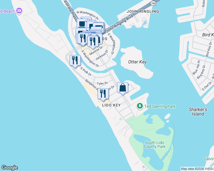 map of restaurants, bars, coffee shops, grocery stores, and more near 129 Grant Drive in Sarasota