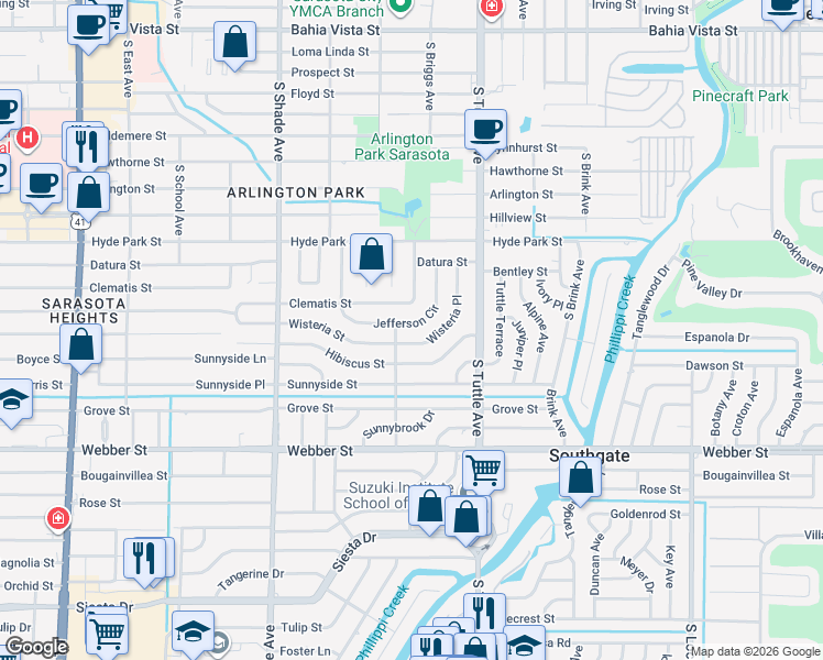 map of restaurants, bars, coffee shops, grocery stores, and more near 2626 Jefferson Circle in Sarasota