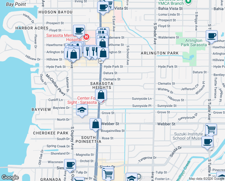 map of restaurants, bars, coffee shops, grocery stores, and more near 2060 Hibiscus Street in Sarasota