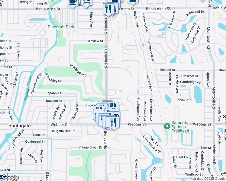 map of restaurants, bars, coffee shops, grocery stores, and more near 2327 Beneva Terrace in Sarasota