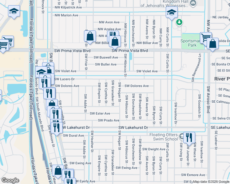 map of restaurants, bars, coffee shops, grocery stores, and more near 718 Southwest Hogan Street in Port St. Lucie