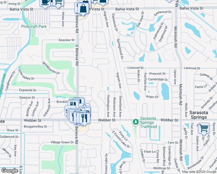 map of restaurants, bars, coffee shops, grocery stores, and more near 3807 Hibiscus Street in Sarasota