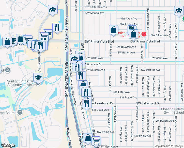 map of restaurants, bars, coffee shops, grocery stores, and more near 741 Southwest Swan Avenue in Port St. Lucie