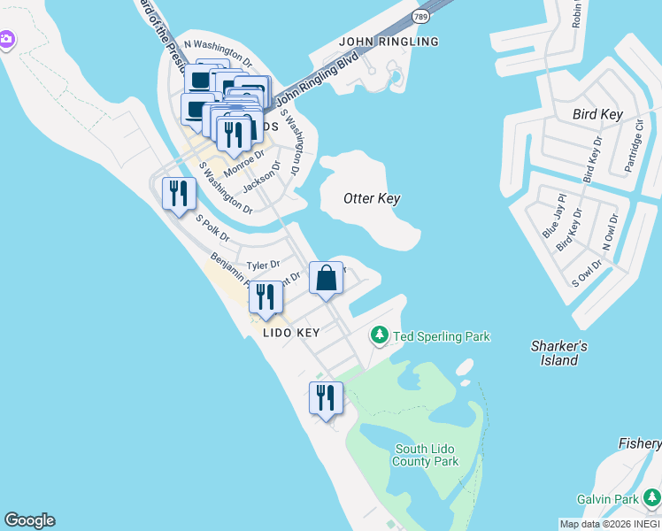 map of restaurants, bars, coffee shops, grocery stores, and more near 422 Garfield Drive in Sarasota