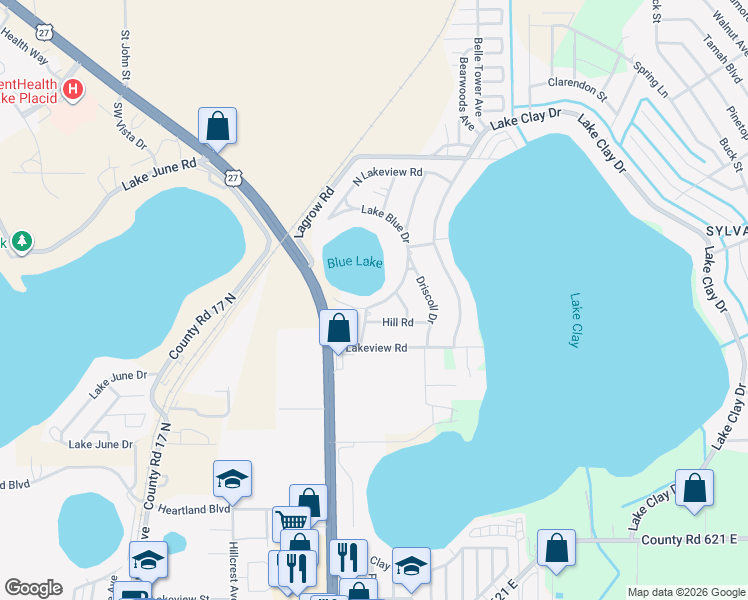map of restaurants, bars, coffee shops, grocery stores, and more near 600-620 Hill Rd in Lake Placid
