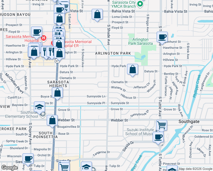 map of restaurants, bars, coffee shops, grocery stores, and more near 2305 Milford Circle in Sarasota