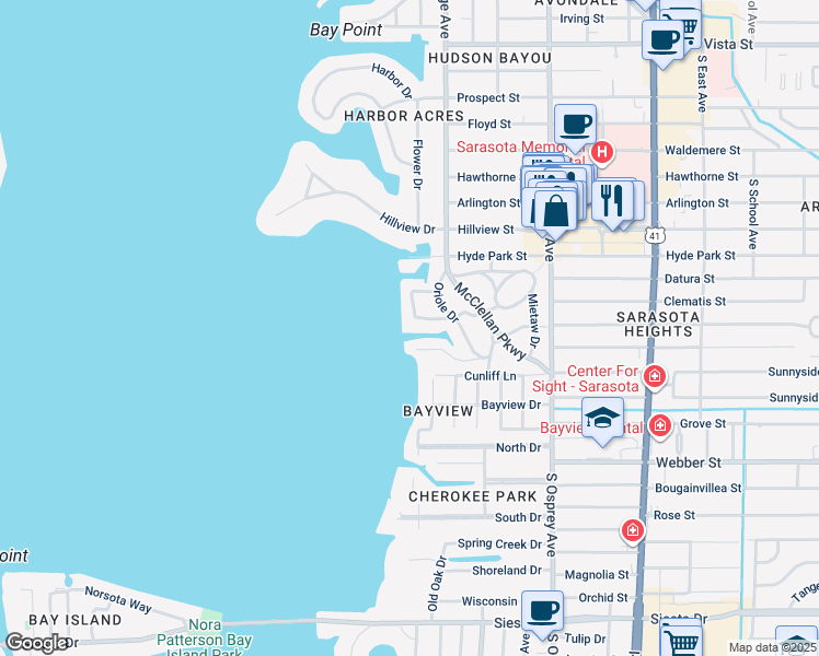 map of restaurants, bars, coffee shops, grocery stores, and more near 2165 Sparrow Court in Sarasota