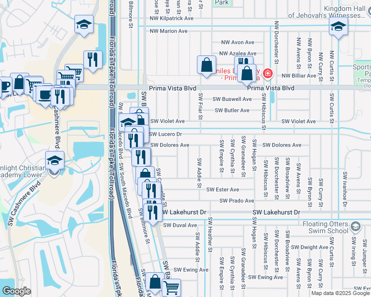map of restaurants, bars, coffee shops, grocery stores, and more near 549 Southwest Fredrica Street in Port St. Lucie