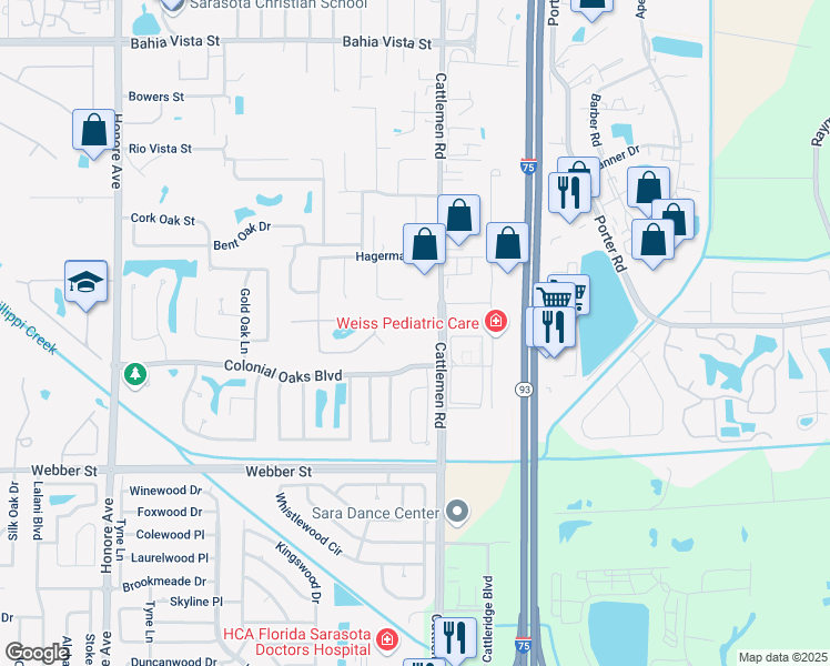 map of restaurants, bars, coffee shops, grocery stores, and more near 2290 Cattlemen Road in Sarasota