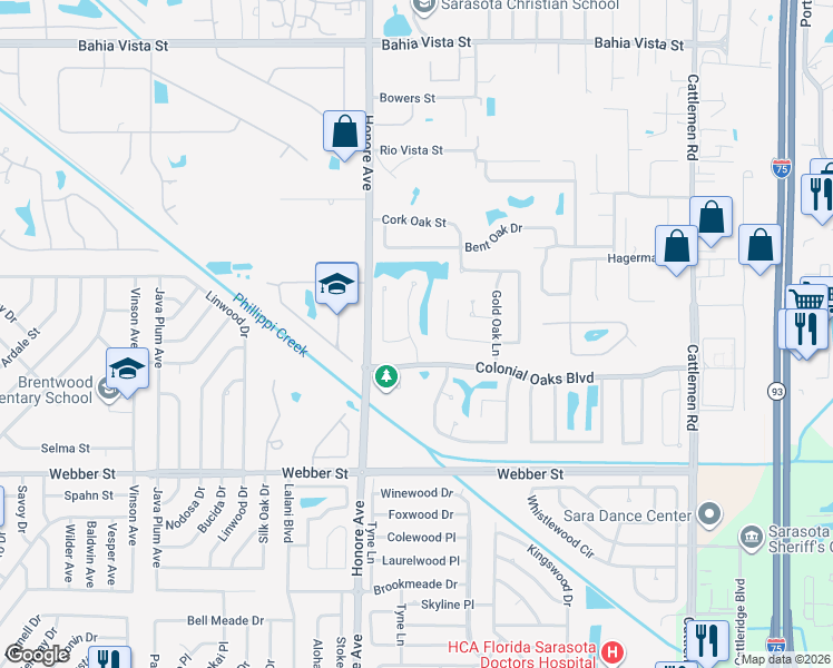 map of restaurants, bars, coffee shops, grocery stores, and more near 2228 Tall Oak Court in Sarasota