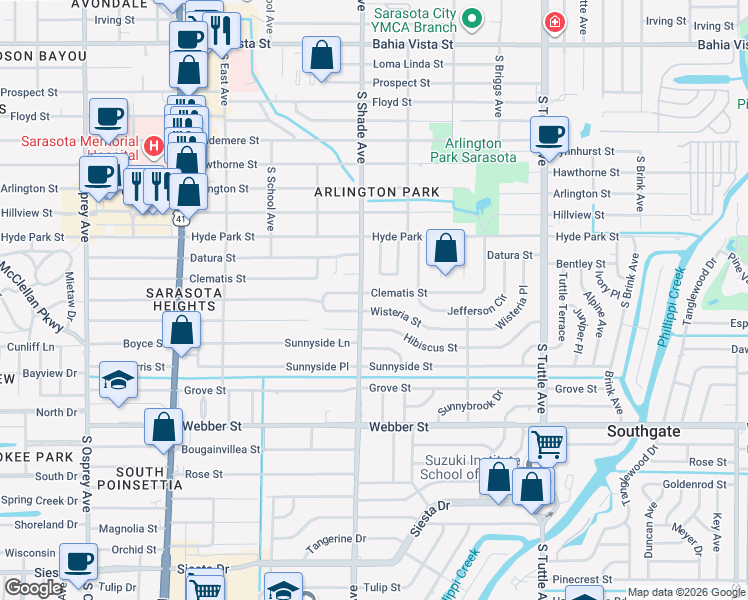 map of restaurants, bars, coffee shops, grocery stores, and more near 2425 Clematis Street in Sarasota