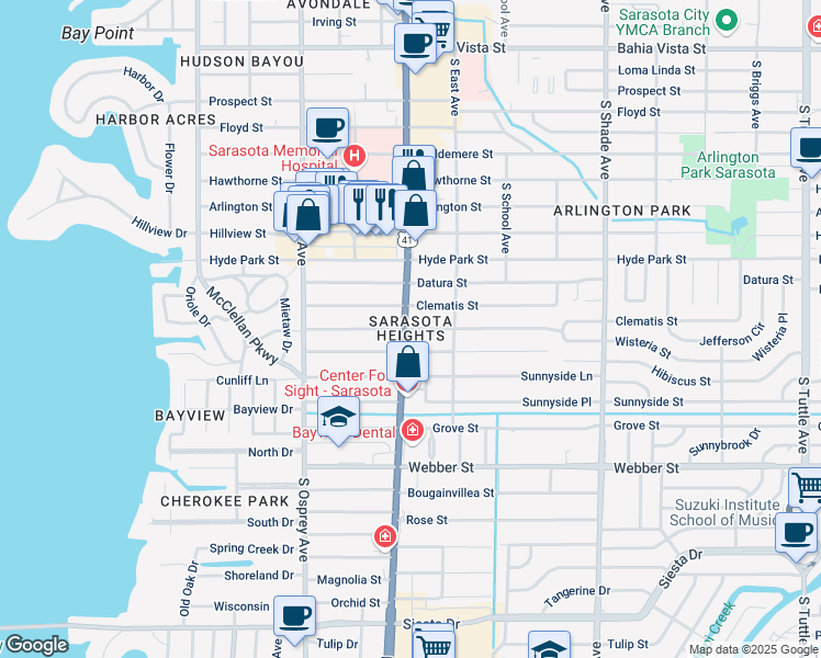 map of restaurants, bars, coffee shops, grocery stores, and more near 2222 South Tamiami Trail in Sarasota