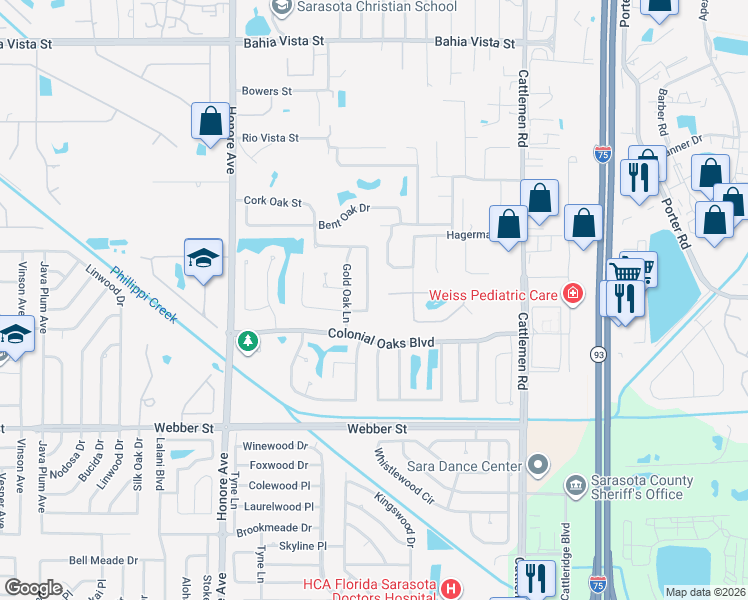 map of restaurants, bars, coffee shops, grocery stores, and more near 2269 Cork Oak Street West in Sarasota