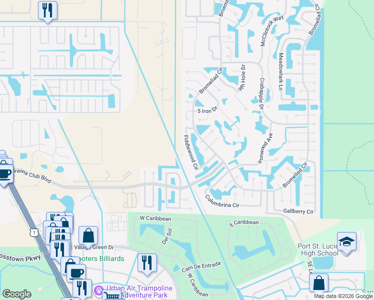 map of restaurants, bars, coffee shops, grocery stores, and more near 2947 Fiddlewood Circle in Port St. Lucie