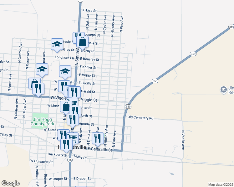 map of restaurants, bars, coffee shops, grocery stores, and more near 600 East Harald Street in Hebbronville