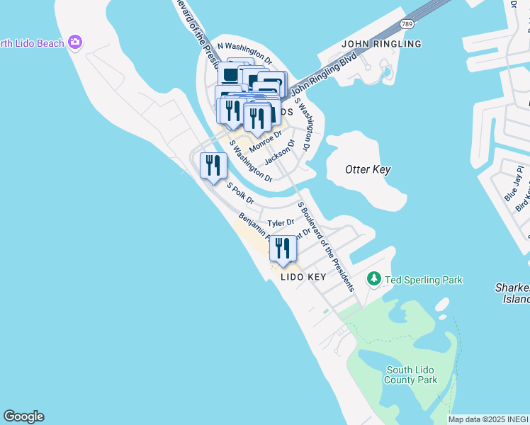 map of restaurants, bars, coffee shops, grocery stores, and more near 404 South Polk Drive in Sarasota