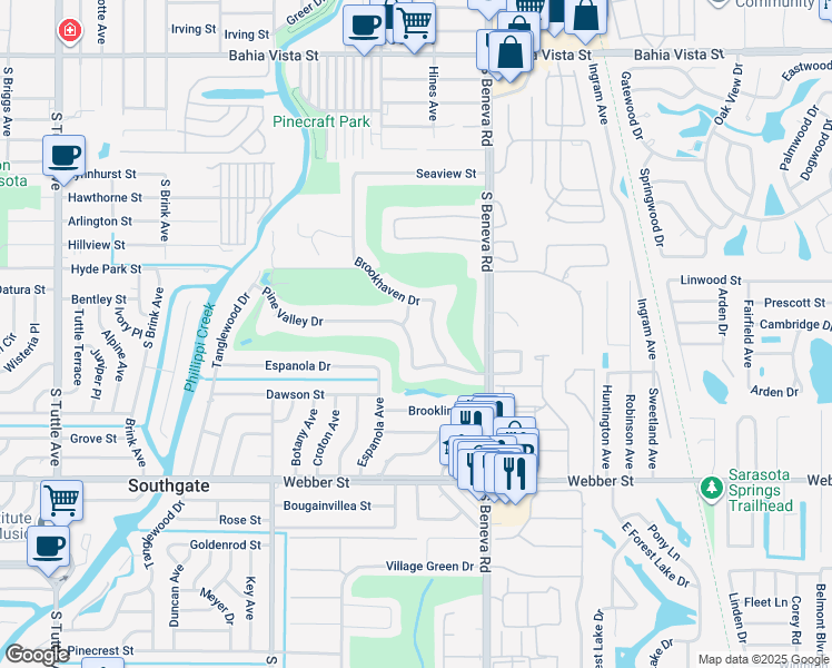 map of restaurants, bars, coffee shops, grocery stores, and more near 2232 Brookhaven Drive in Sarasota