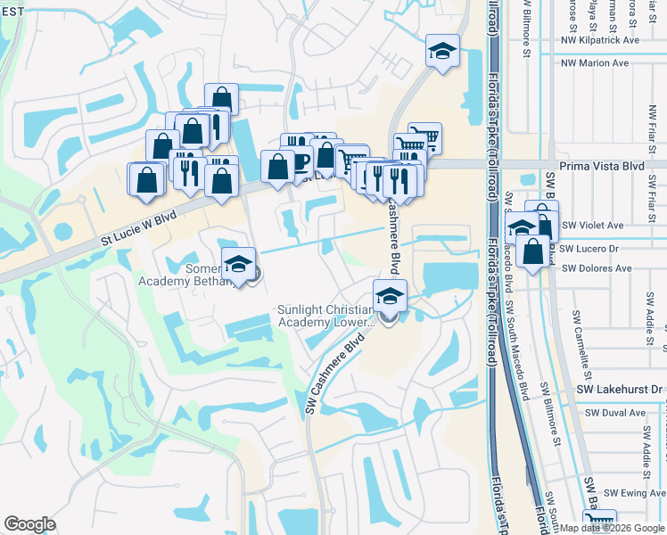 map of restaurants, bars, coffee shops, grocery stores, and more near 251 Southwest Coconut Key Way in Port St. Lucie