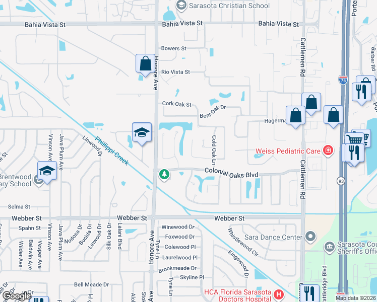 map of restaurants, bars, coffee shops, grocery stores, and more near 2238 Cork Oak Street West in Sarasota