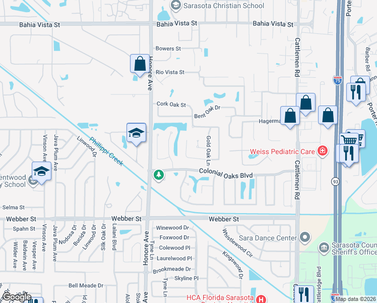 map of restaurants, bars, coffee shops, grocery stores, and more near 2238 Cork Oak Street West in Sarasota