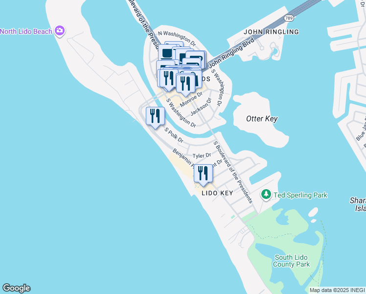 map of restaurants, bars, coffee shops, grocery stores, and more near 404 South Polk Drive in Sarasota