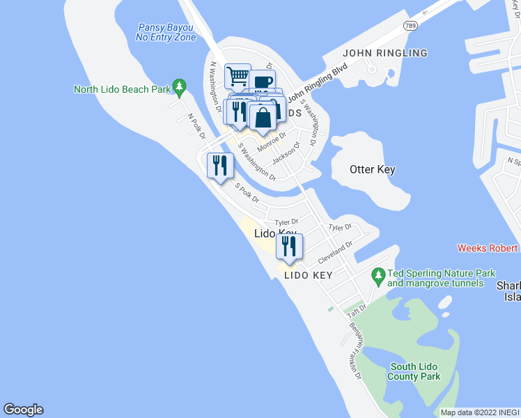 map of restaurants, bars, coffee shops, grocery stores, and more near 404 South Polk Drive in Sarasota